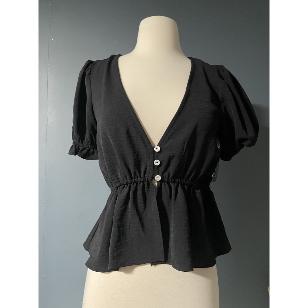 Melrose and Market Black V Neck Peplum Top Puff Sleeve Button Front XS‎